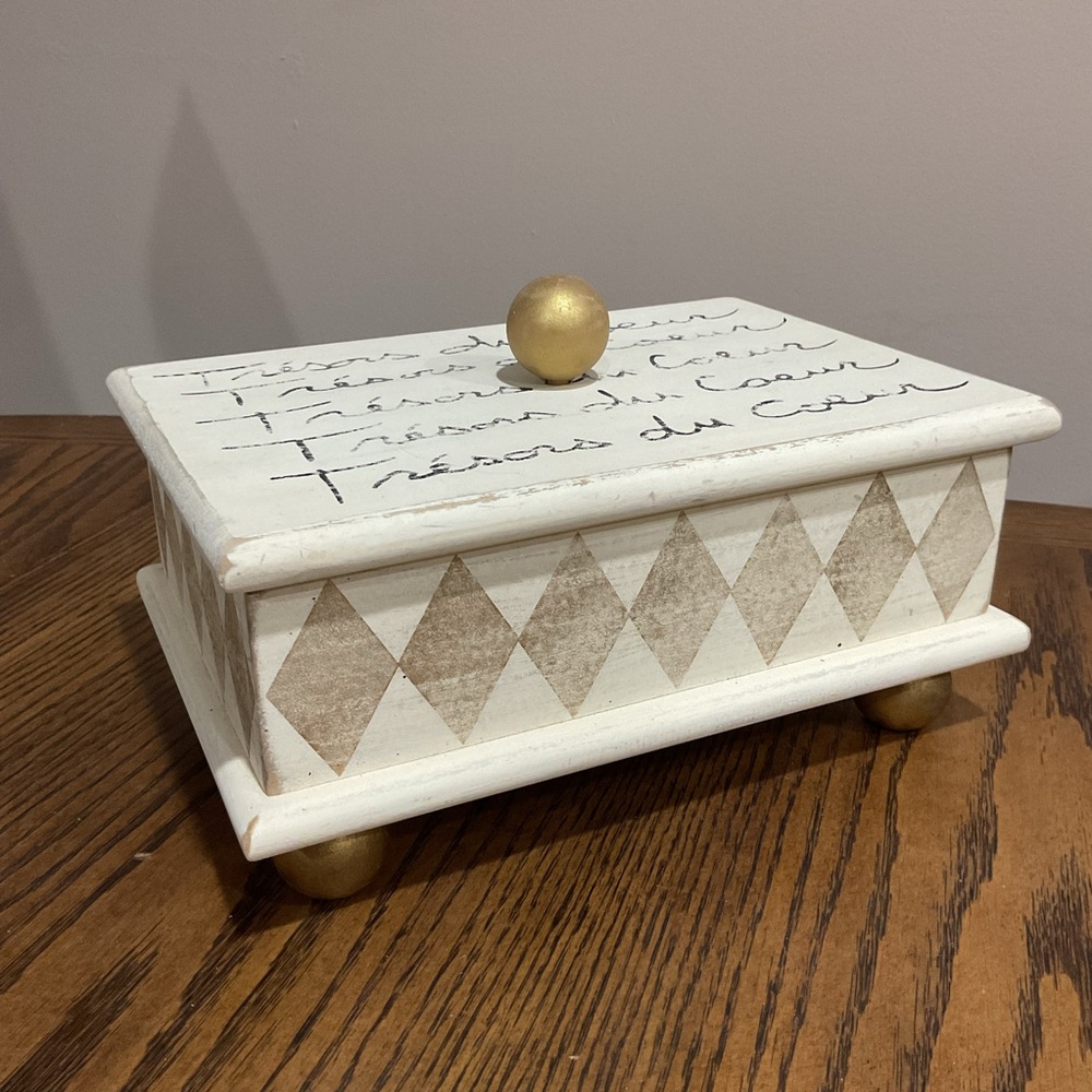 Shabby Chic Wood Decorative Cream and Gold Box with Diamond Pattern